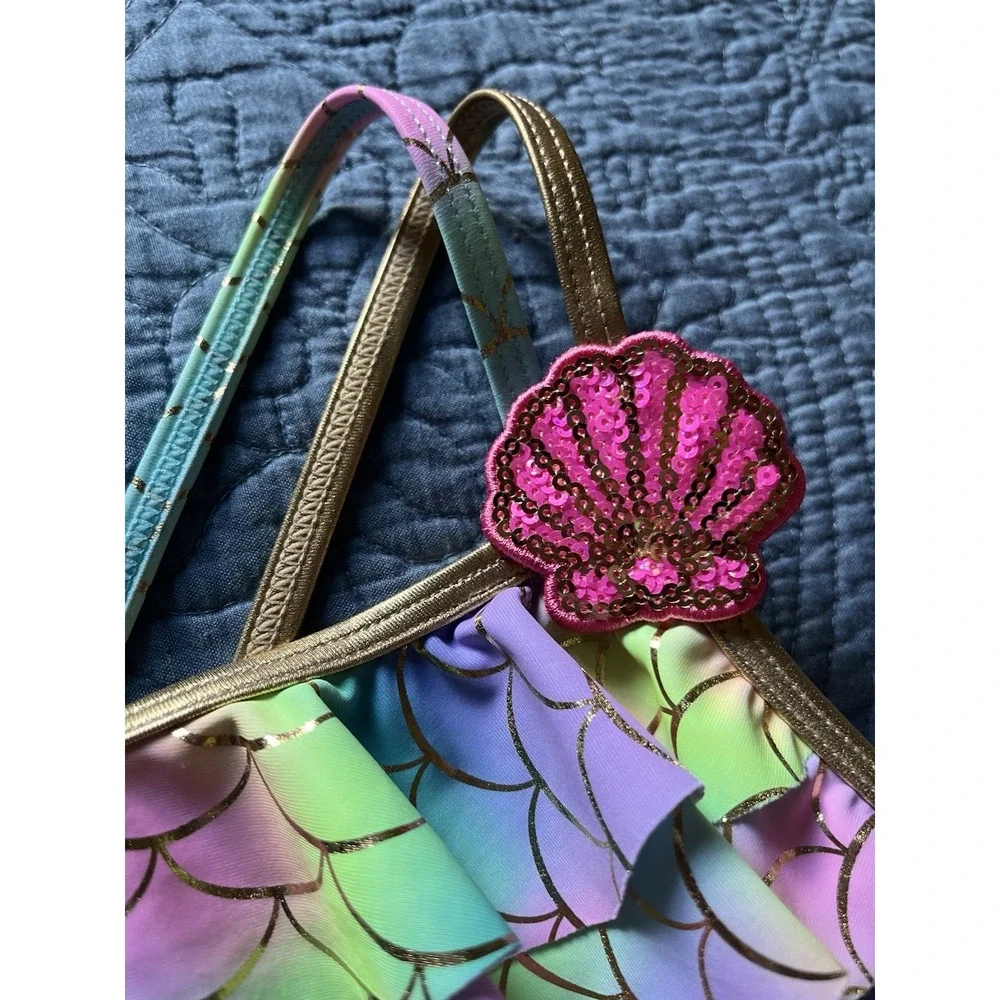 Betsey‎ Johnson Swimsuit Girls Sz 10 Mermaid Rainbow Ruffles Seashells One Piece